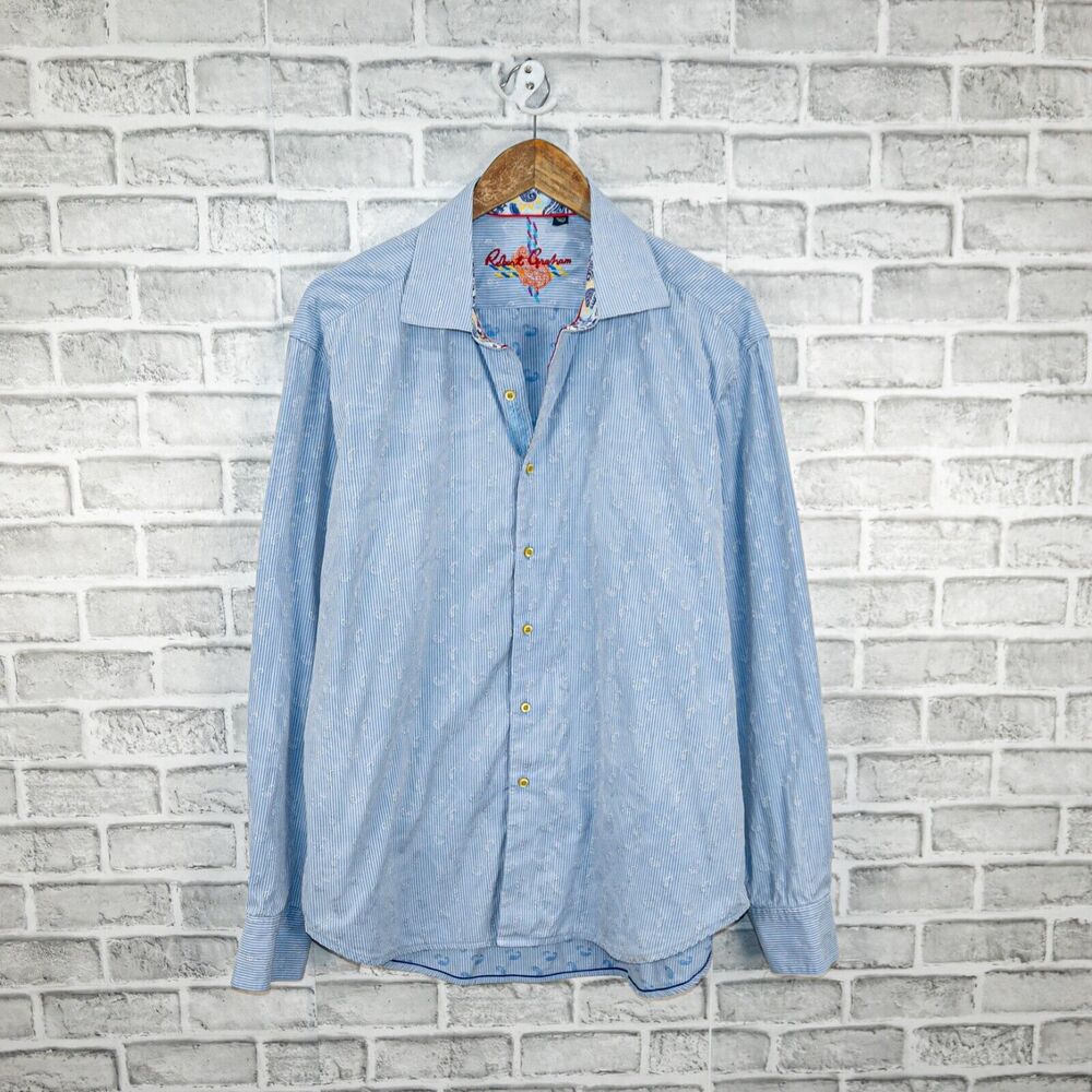 Robert Graham Men's Button up Shirt Blue Paisley Stripe Size XL